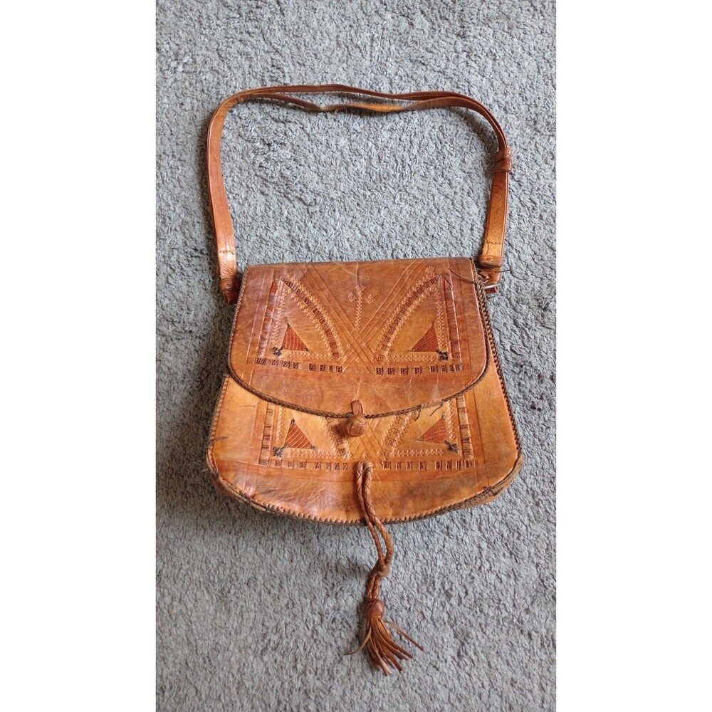 Handmade Tooled Moroccan Leather Shoulder Crossbody Bag Brown Boho